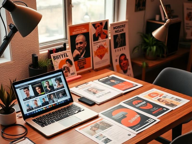 Marketing studio desk with printed campaign layouts