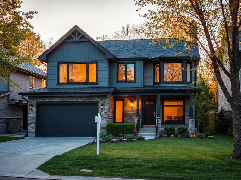 Residential home at dusk with a for-sale sign